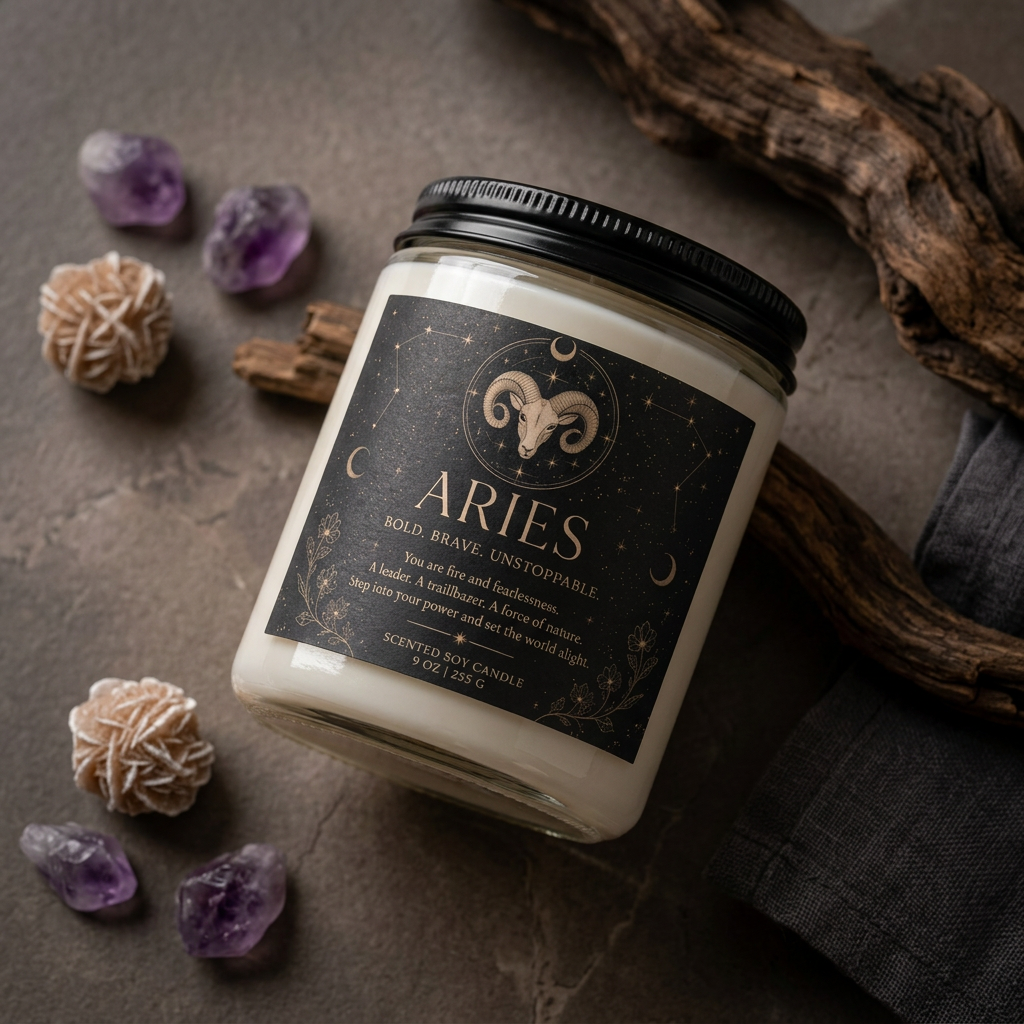 Aries candle — moody crystal still life