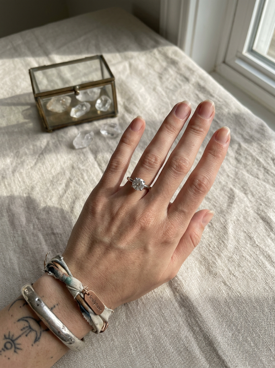 Diamond ring — on hand with linen and crystals