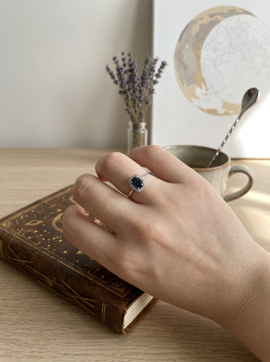 Sapphire ring — on hand with celestial styling