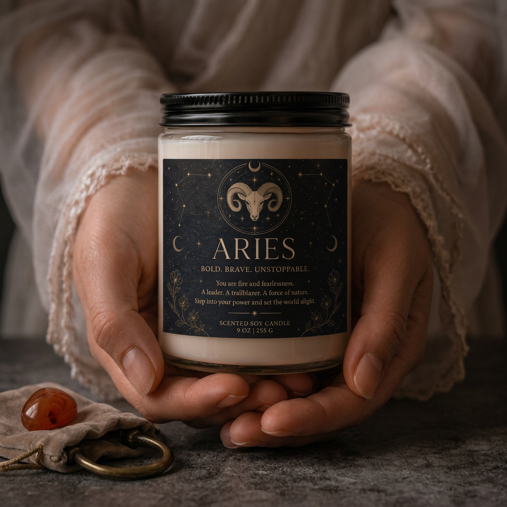 Aries candle — held in hands, soft light
