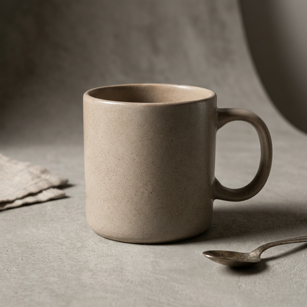 The same mug reimagined as a moody, editorial product shot with linen and a vintage spoon.