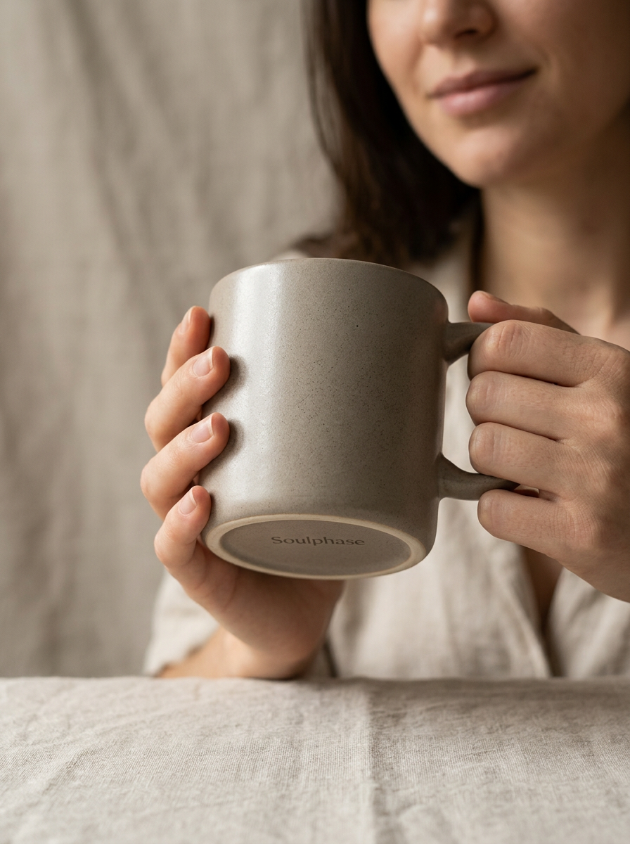 The same mug held by a smiling woman in soft natural light, styled on-brand.